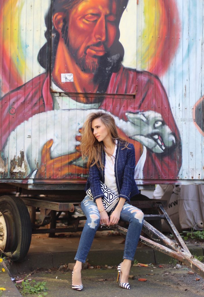 Alexandra Lapp wearing a tweed jacket from Zara, James Perse, Christian Louboutin, Chanel, Current-Elliott, Cartier