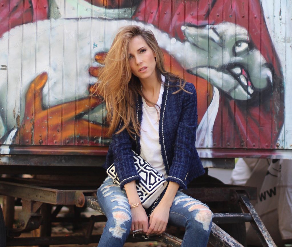 Alexandra Lapp wearing a tweed jacket from Zara, James Perse, Christian Louboutin, Chanel, Current-Elliott, Cartier