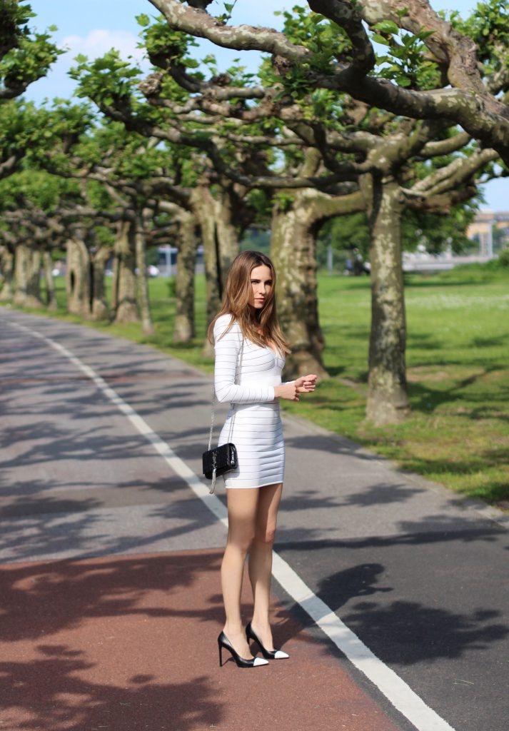 Balmain, Saint Laurent, Topshop Alexandra Lapp wearing a white dress from Balmain, Saint Laurent, Topshop