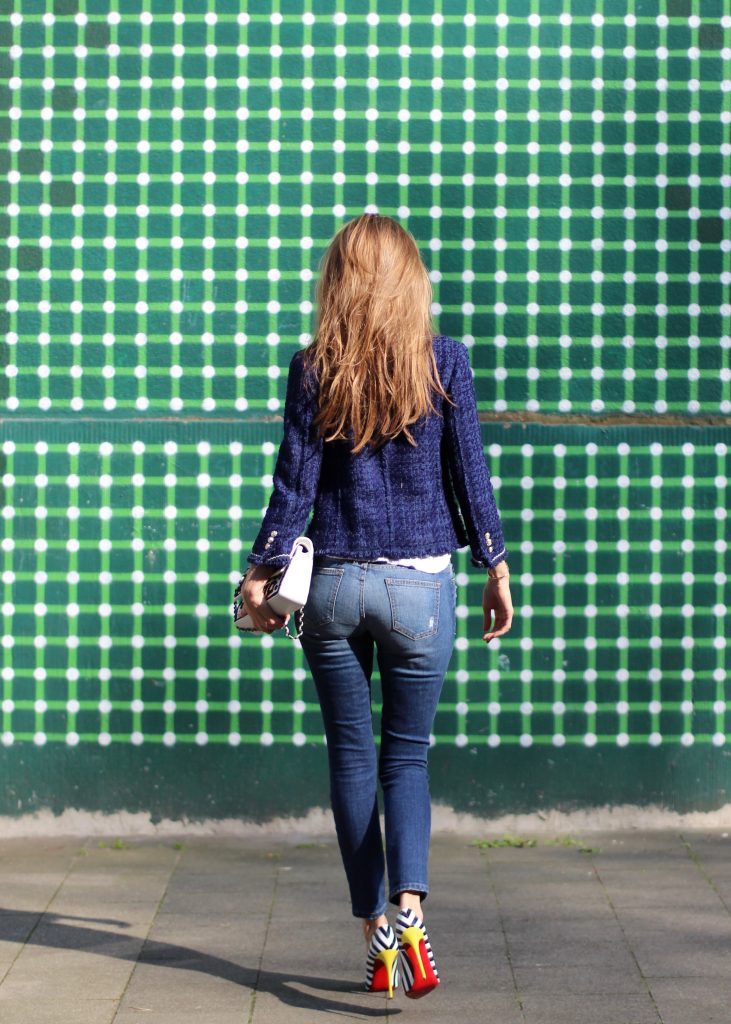 Alexandra Lapp wearing a tweed jacket from Zara, James Perse, Christian Louboutin, Chanel, Current-Elliott, Cartier
