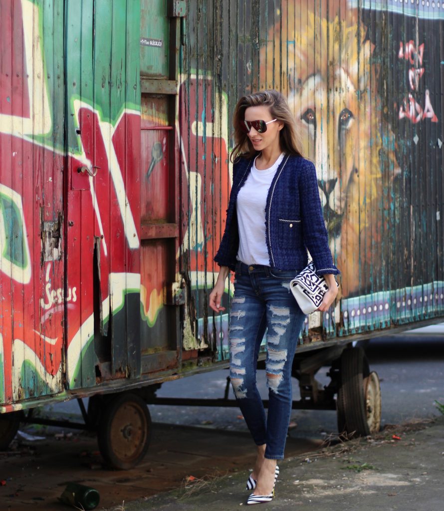 Alexandra Lapp wearing a tweed jacket from Zara, James Perse, Christian Louboutin, Chanel, Current-Elliott, Cartier