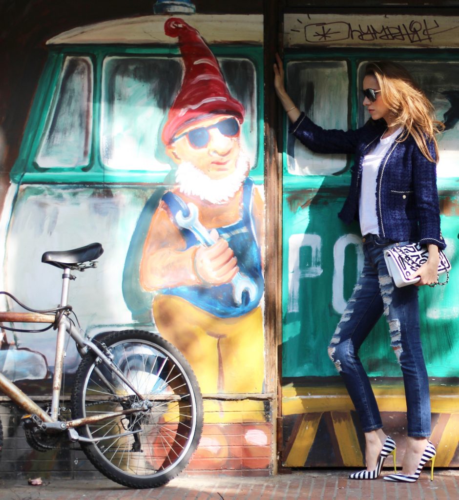 Alexandra Lapp wearing a tweed jacket from Zara, James Perse, Christian Louboutin, Chanel, Current-Elliott, Cartier