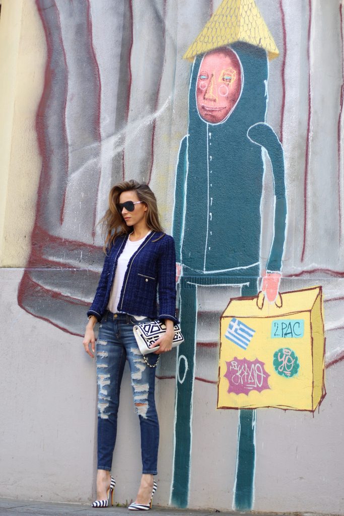 Alexandra Lapp wearing a tweed jacket from Zara, James Perse, Christian Louboutin, Chanel, Current-Elliott, Cartier