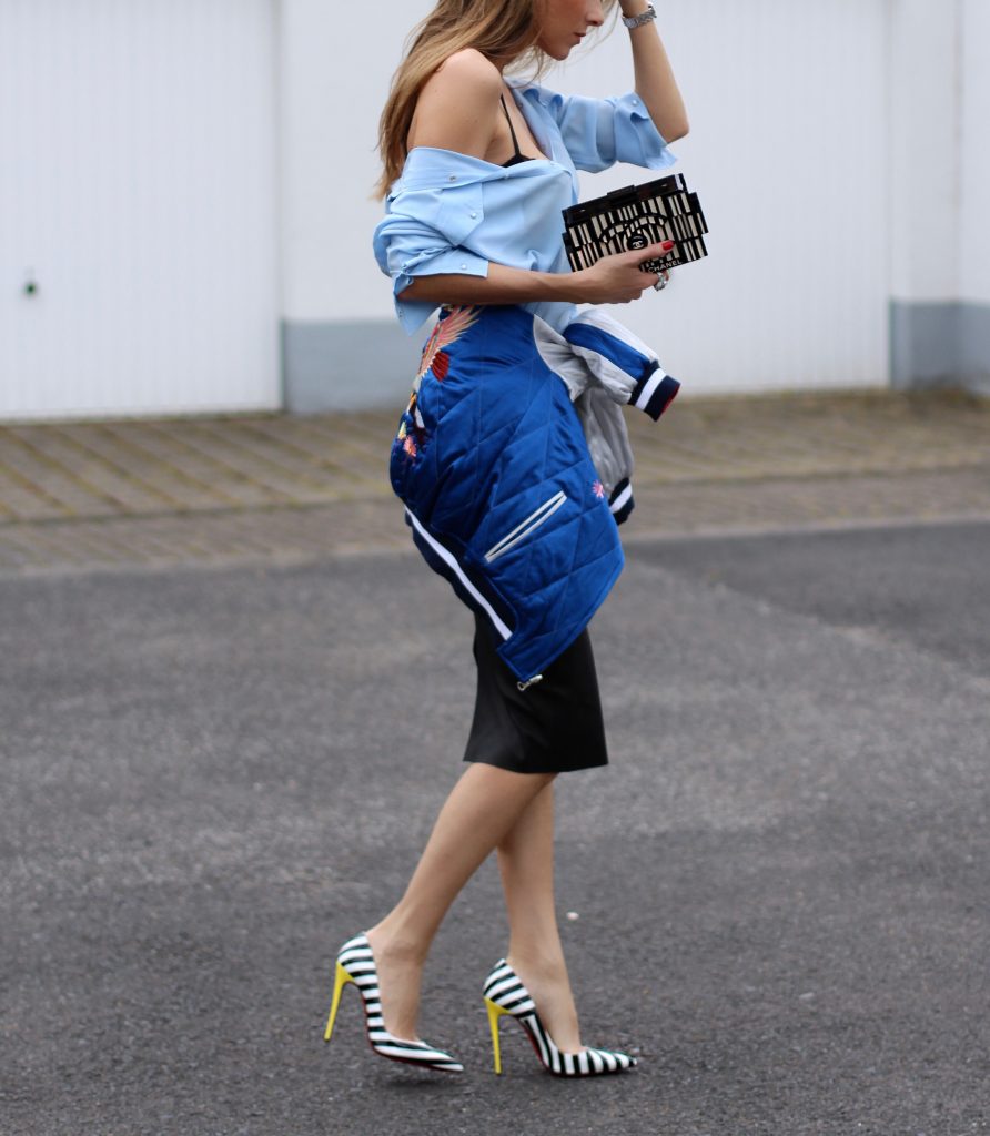 Alexandra Lapp wearing a pencil skirt from Joseph, Equipment, La Perla, Christian Louboutin, Chanel, Topshop