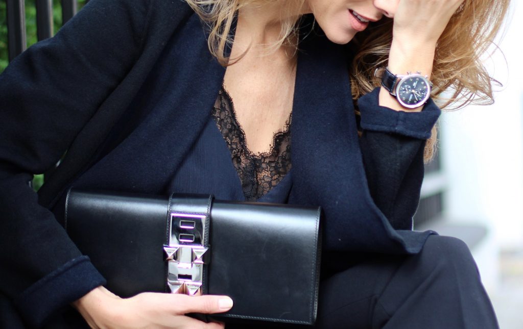 Alexandra Lapp wearing all black, Steffen Schraut, Filippa K., Hermès, Christian Louboutin, IWC