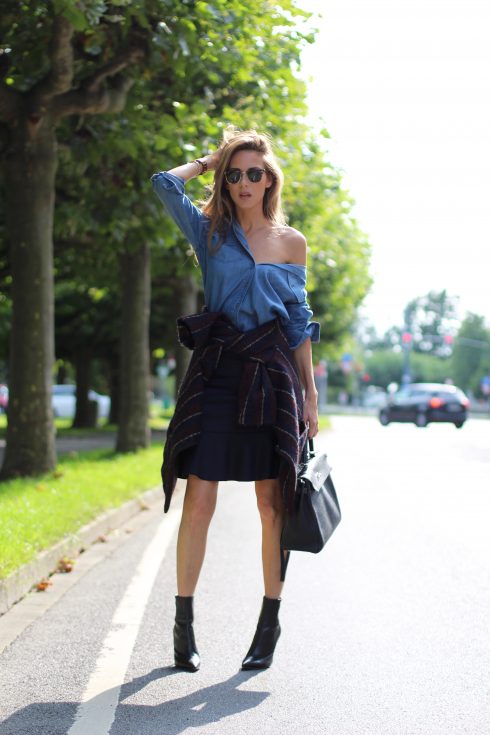 Alexandra Lapp wearing College Set, collage jacket and skirt by SET, Asos denim blouse, Hermès Kelly bag, Ray Ban sunglasses and Gianvito Rossi ankle boots.