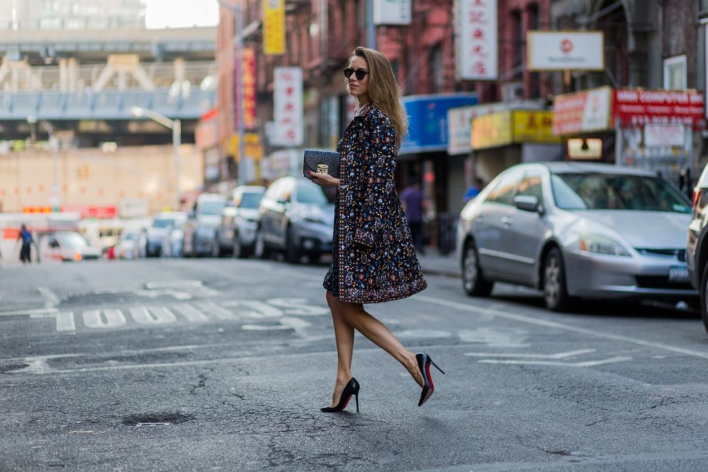 Alexandra Lapp wearing Steffen Schraut, Christian Louboutin, Monokel, Furla during NYFW in Chinatown.