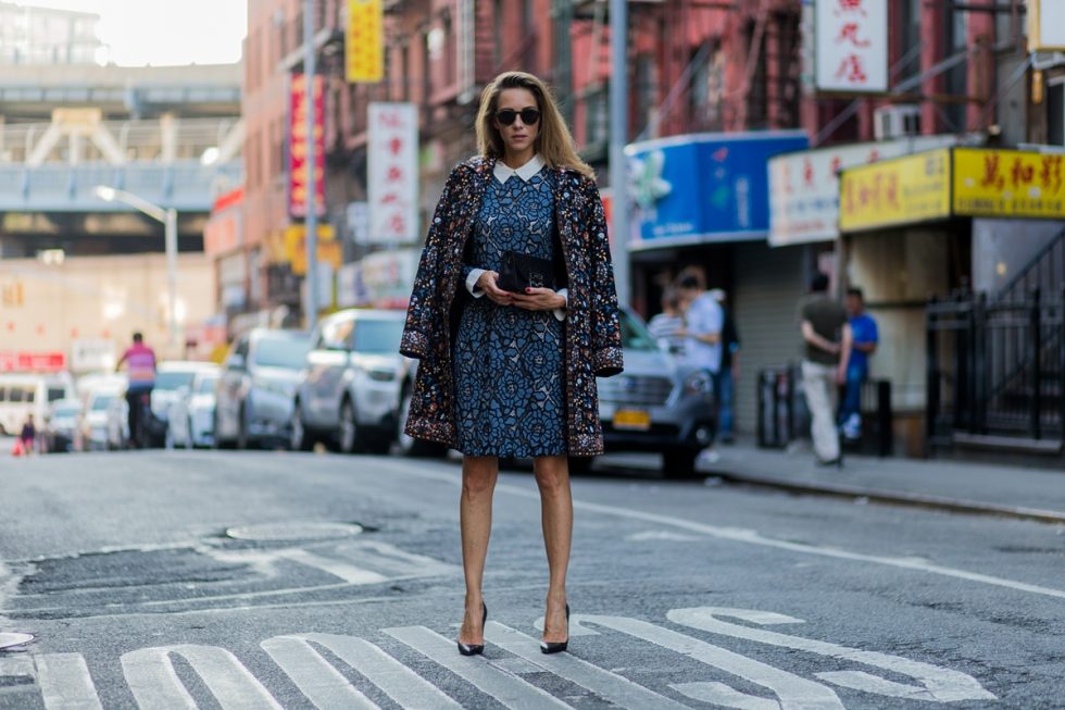 Alexandra Lapp wearing Steffen Schraut, Christian Louboutin, Monokel, Furla during NYFW in Chinatown.