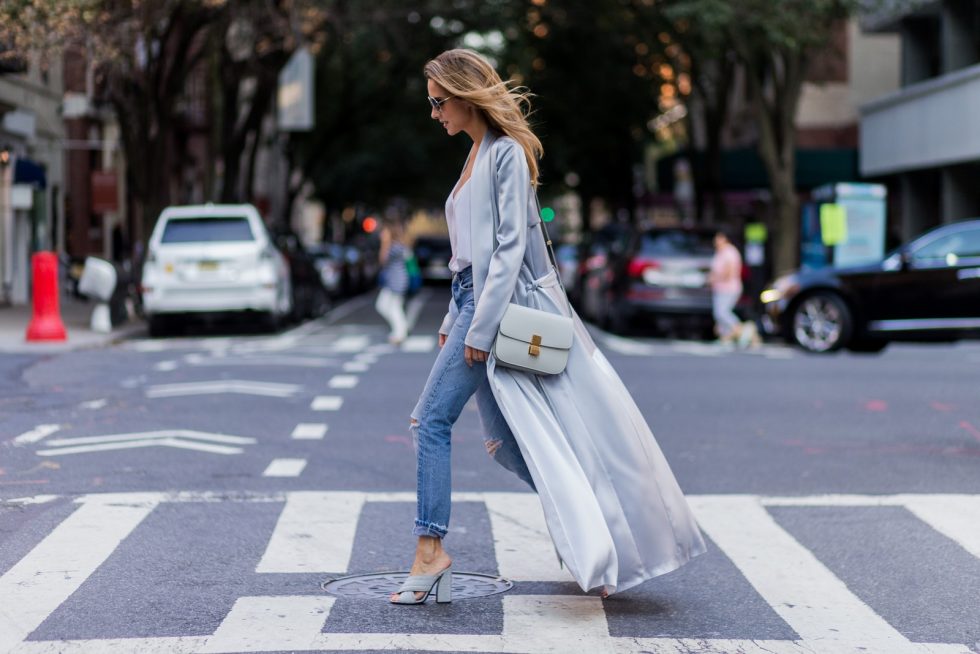 grey silk trench coat Galvan, Re Done Levis ripped denim jeans, Celine bag, Chloe sunglasses, New York City