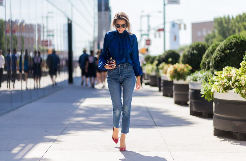 NEW YORK, NY - SEPTEMBER 14: German Fashion Blogger and Model Alexandra Lapp (@alexandralapp_) wearing a back to front shirt from Steffen Schraut, Levis jeans, Alexander Mc Queen clutch, Gianvitto Rossi pumps on September 14, 2016 in New York City. (Photo by Christian Vierig/Getty Images) *** Local Caption *** Alexandra Lapp