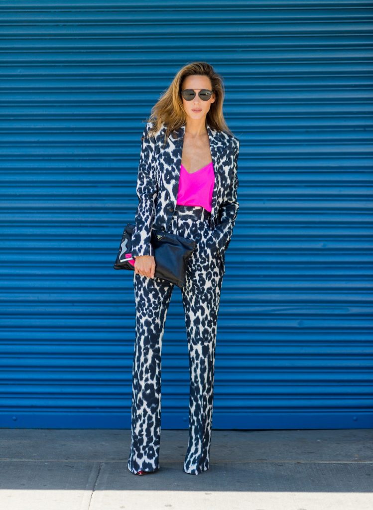 Alexandra Lapp, Christian Vierig, Dior, Gianvito Rossi, Jadicted, pink top, New York, NYFW, Prada, clutch, Suit, Tom Ford NEW YORK, NY - SEPTEMBER 14: German Fashion Blogger and Model Alexandra Lapp (@alexandralapp_) wearing a Tom Ford suit with animal print, Jadicted pink top, Prada clutch, Dior sunglasses and Gianvito Rossi heels outside Delpozo on September 14, 2016 in New York City. (Photo by Christian Vierig/Getty Images) *** Local Caption *** Alexandra Lapp