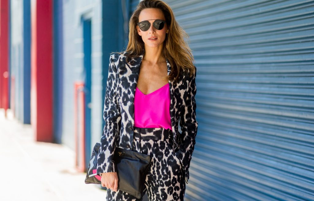 Alexandra Lapp, Christian Vierig, Dior, Gianvito Rossi, Jadicted, pink top, New York, NYFW, Prada, clutch, Suit, Tom Ford NEW YORK, NY - SEPTEMBER 14: German Fashion Blogger and Model Alexandra Lapp (@alexandralapp_) wearing a Tom Ford suit with animal print, Jadicted pink top, Prada clutch, Dior sunglasses outside Delpozo on September 14, 2016 in New York City. (Photo by Christian Vierig/Getty Images) *** Local Caption *** Alexandra Lapp
