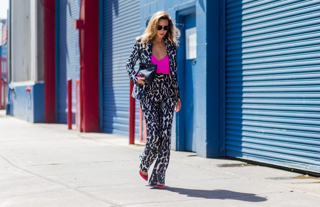 Alexandra Lapp, Christian Vierig, Dior, Gianvito Rossi, Jadicted, pink top, New York, NYFW, Prada, clutch, Suit, Tom Ford NEW YORK, NY - SEPTEMBER 14: German Fashion Blogger and Model Alexandra Lapp (@alexandralapp_) wearing a Tom Ford suit with animal print, Jadicted pink top, Prada clutch, Dior sunglasses and Gianvito Rossi heels outside Delpozo on September 14, 2016 in New York City. (Photo by Christian Vierig/Getty Images) *** Local Caption *** Alexandra Lapp