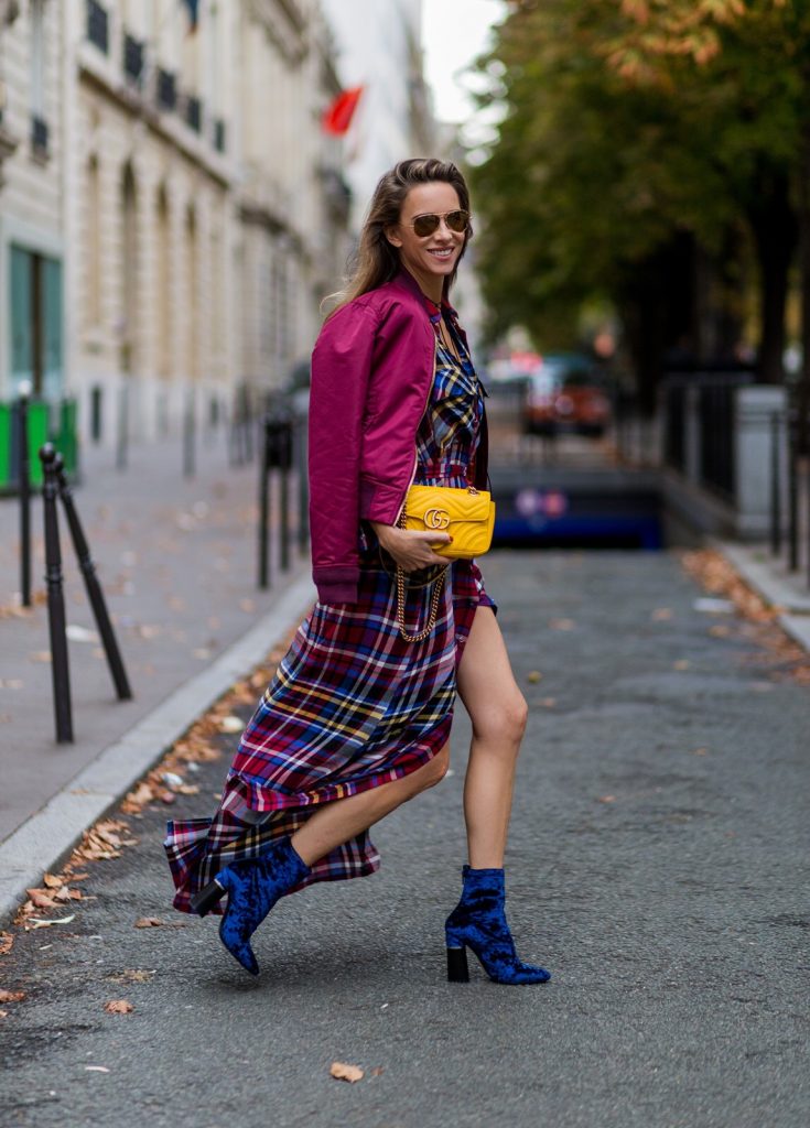 PARIS - OCTOBER 3: German fashion blogger and model Alexandra Lapp (@alexandralapp_) wearing a shirt dress from L'Agence, Schott NYC bomber jacket, Phillip Lim boots, Gucci bag and Ray Ban sunglasses on October 3, 2016 in Paris during PFW. (Photo by Christian Vierig/Getty Images) *** Local Caption *** Alexandra Lapp