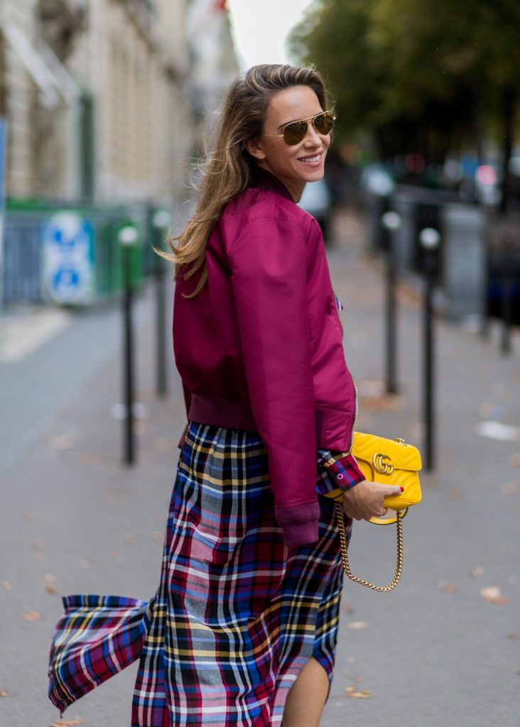 PARIS - OCTOBER 3: German fashion blogger and model Alexandra Lapp (@alexandralapp_) wearing a shirt dress from L'Agence, Schott NYC bomber jacket, Phillip Lim boots, Gucci bag and Ray Ban sunglasses on October 3, 2016 in Paris during PFW. (Photo by Christian Vierig/Getty Images) *** Local Caption *** Alexandra Lapp