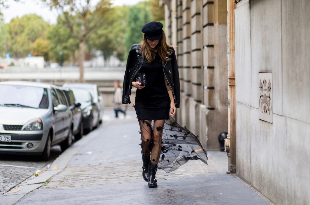 Biker Couture, Patrizia Pepe, Schott NYC, Gucci, Chanel, Louis Vuitton PARIS, FRANCE - OCTOBER 02: German fashion blogger and model Alexandra Lapp (@alexandralapp_) wearing Biker Couture, a black dress from Patrizia Pepe, biker leather jacket from Schott NYC, biker boots from Gucci, Chanel hat and Louis Vuitton Petite Malle clutch on October 2, 2016 in Paris, France. (Photo by Christian Vierig/Getty Images) *** Local Caption *** Alexandra Lapp