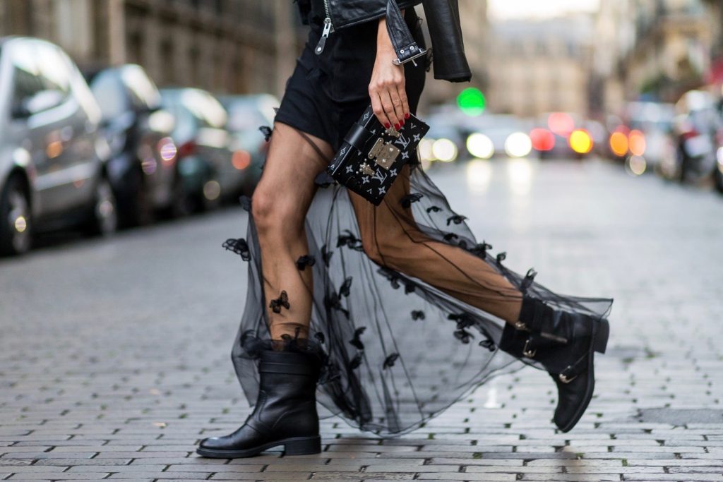Biker Couture, Patrizia Pepe, Schott NYC, Gucci, Chanel, Louis Vuitton PARIS, FRANCE - OCTOBER 02: German fashion blogger and model Alexandra Lapp (@alexandralapp_) wearing Biker Couture, a black dress from Patrizia Pepe, biker leather jacket from Schott NYC, biker boots from Gucci, Chanel hat and Louis Vuitton Petite Malle clutch on October 2, 2016 in Paris, France. (Photo by Christian Vierig/Getty Images) *** Local Caption *** Alexandra Lapp