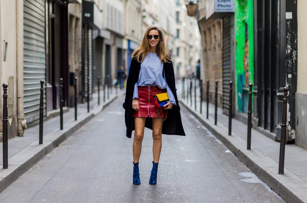 PARIS, FRANCE - SEPTEMBER 30: German fashion blogger and model Alexandra Lapp (@alexandralapp_) wearing Blue Velvet Phillip Lim shoes, Steffen Schraut blue velvet coat, Zara skirt and blouse, Dior sunglasses, Chanel bag on September 30, 2016 in Paris, France. (Photo by Christian Vierig/Getty Images) *** Local Caption *** Alexandra Lapp