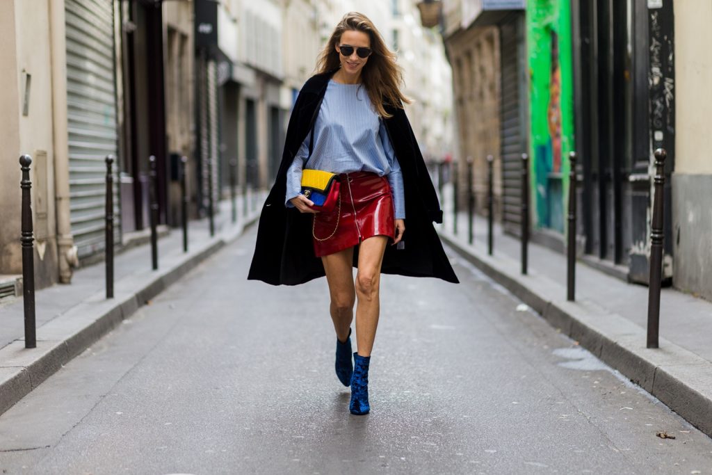 PARIS, FRANCE - SEPTEMBER 30: German fashion blogger and model Alexandra Lapp (@alexandralapp_) wearing Blue Velvet Phillip Lim shoes, Steffen Schraut blue velvet coat, Zara skirt and blouse, Dior sunglasses, Chanel bag on September 30, 2016 in Paris, France. (Photo by Christian Vierig/Getty Images) *** Local Caption *** Alexandra Lapp