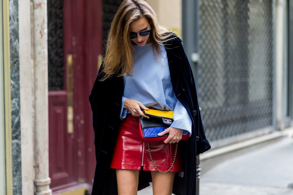 PARIS, FRANCE - SEPTEMBER 30: German fashion blogger and model Alexandra Lapp (@alexandralapp_) wearing Blue Velvet Phillip Lim shoes, Steffen Schraut blue velvet coat, Zara skirt and blouse, Dior sunglasses, Chanel bag on September 30, 2016 in Paris, France. (Photo by Christian Vierig/Getty Images) *** Local Caption *** Alexandra Lapp