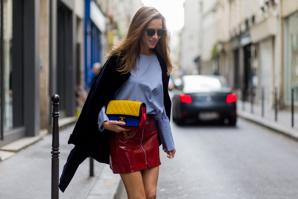 PARIS, FRANCE - SEPTEMBER 30: German fashion blogger and model Alexandra Lapp (@alexandralapp_) wearing Blue Velvet Phillip Lim shoes, Steffen Schraut blue velvet coat, Zara skirt and blouse, Dior sunglasses, Chanel bag on September 30, 2016 in Paris, France. (Photo by Christian Vierig/Getty Images) *** Local Caption *** Alexandra Lapp