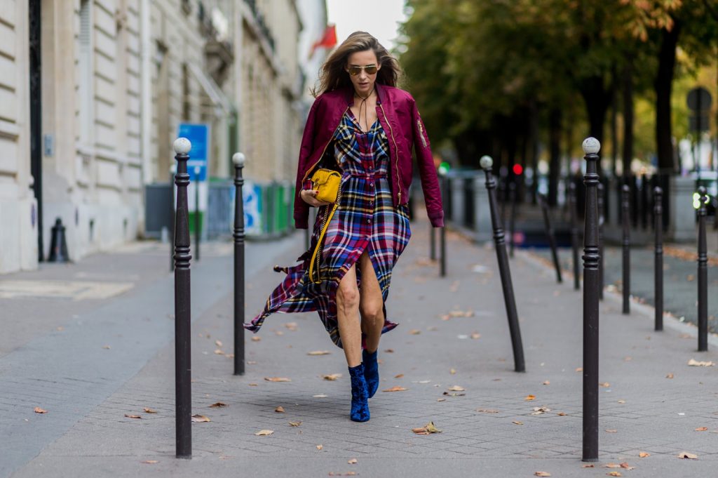 PARIS - OCTOBER 3: German fashion blogger and model Alexandra Lapp (@alexandralapp_) wearing a shirt dress from L'Agence, Schott NYC bomber jacket, Phillip Lim boots, Gucci bag and Ray Ban sunglasses on October 3, 2016 in Paris during PFW. (Photo by Christian Vierig/Getty Images) *** Local Caption *** Alexandra Lapp
