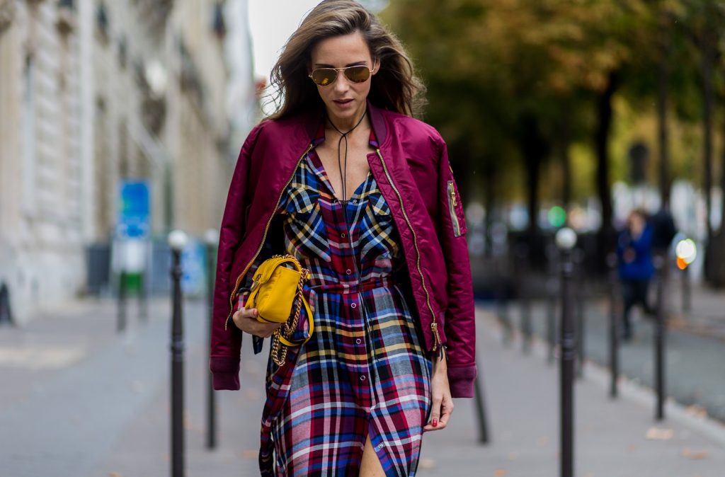 PARIS - OCTOBER 3: German fashion blogger and model Alexandra Lapp (@alexandralapp_) wearing a shirt dress from L'Agence, Schott NYC bomber jacket, Phillip Lim boots, Gucci bag and Ray Ban sunglasses on October 3, 2016 in Paris during PFW. (Photo by Christian Vierig/Getty Images) *** Local Caption *** Alexandra Lapp