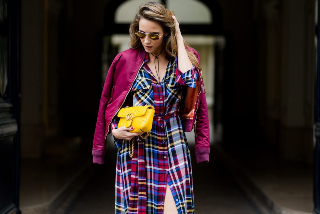 PARIS - OCTOBER 3: German fashion blogger and model Alexandra Lapp (@alexandralapp_) wearing a shirt dress from L'Agence, Schott NYC bomber jacket, Phillip Lim boots, Gucci bag and Ray Ban sunglasses on October 3, 2016 in Paris during PFW. (Photo by Christian Vierig/Getty Images) *** Local Caption *** Alexandra Lapp