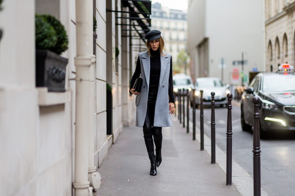 PARIS, FRANCE - SEPTEMBER 30: German fashion blogger and model Alexandra Lapp (@alexandralapp_) wearing black leather pants and grey vest from SET, shoes from Gianvito Rossi , Gucci bag, and Isabel Marant hat on September 30, 2016 in Paris, France. (Photo by Christian Vierig/Getty Images) *** Local Caption *** Alexandra Lapp