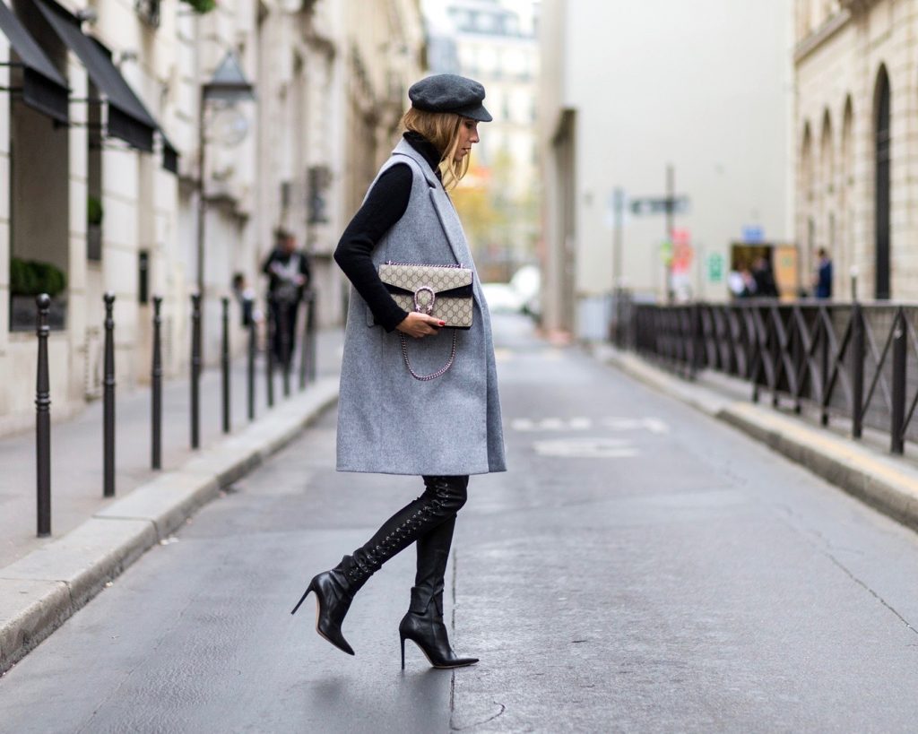 PARIS, FRANCE - SEPTEMBER 30: German fashion blogger and model Alexandra Lapp (@alexandralapp_) wearing black leather pants and grey vest from SET, shoes from Gianvito Rossi , Gucci bag, and Isabel Marant hat on September 30, 2016 in Paris, France. (Photo by Christian Vierig/Getty Images) *** Local Caption *** Alexandra Lapp