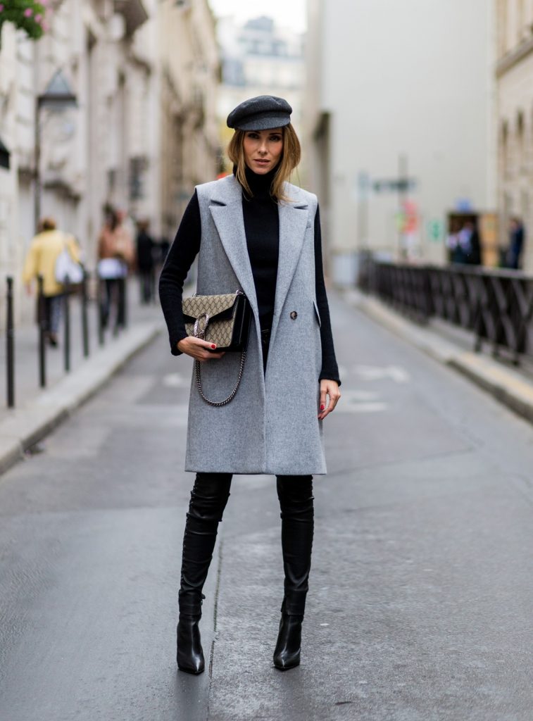 PARIS, FRANCE - SEPTEMBER 30: German fashion blogger and model Alexandra Lapp (@alexandralapp_) wearing black leather pants and grey vest from SET, shoes from Gianvito Rossi , Gucci bag, and Isabel Marant hat on September 30, 2016 in Paris, France. (Photo by Christian Vierig/Getty Images) *** Local Caption *** Alexandra Lapp