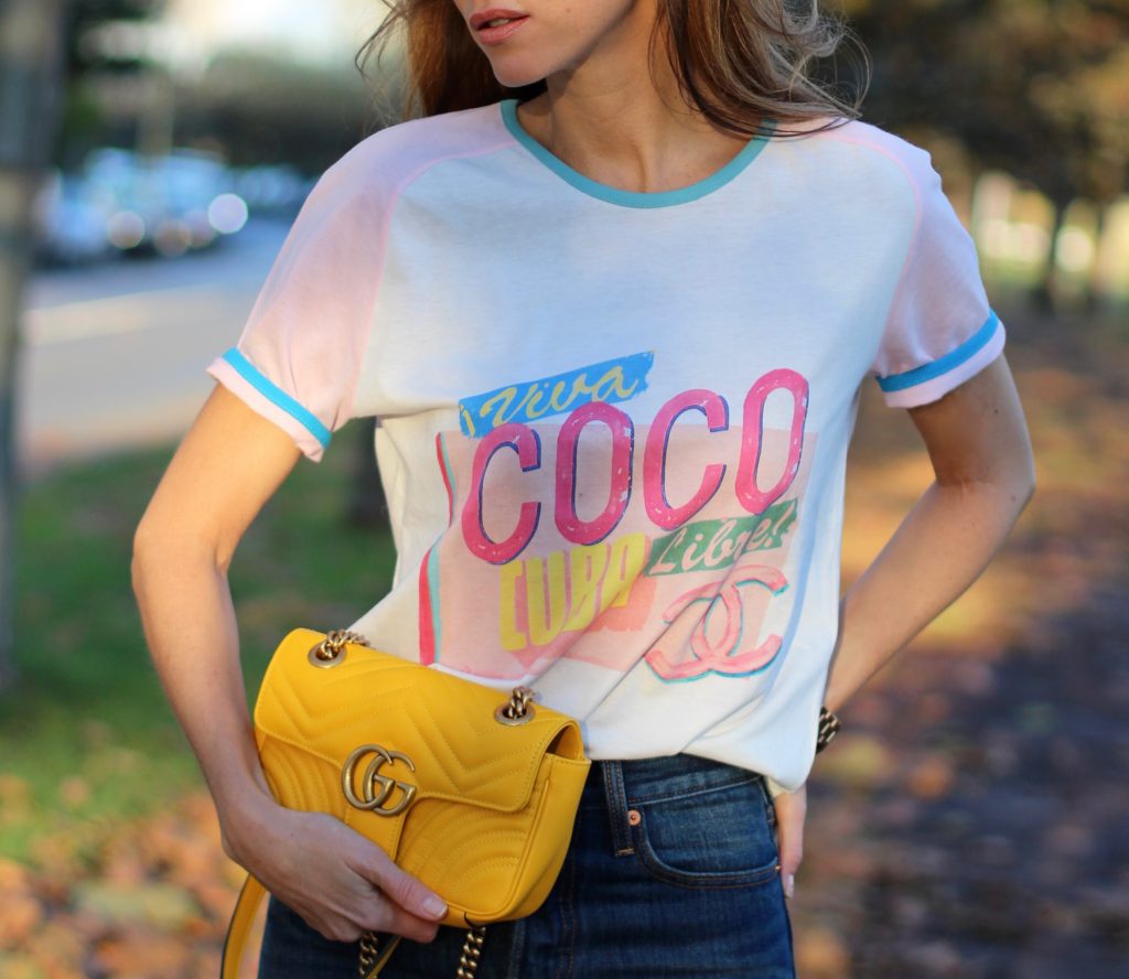 DÜSSELDORF; GERMANY - DEZEMBER : German model and fashion blogger Alexandra Lapp (@alexandralapp_) wearing a Coco Cuba T-shirt from Chanel, high waist denim from Levi's, cashmere coat from Prada, rockstud pumps by Gianvito Rossi and a yellow GG Marmont Mini bag by Gucci on Dezember, 2016 in Germany*** Local Caption *** Alexandra Lapp
