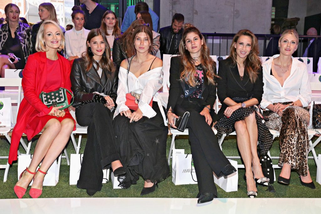 BERLIN, GERMANY - JULY 04: Blogger Kathrin Gelinsky, kateglitter.com, Blogger Nina Schwichtenberg, fashioncarpet.com, Blogger Vicky Heiler, bikinisandpassports.com, Blogger Michele Kruesi, thefashionfraction.com, Blogger Alexandra Lapp, alexandralapp.com, Blogger Sofie Valkiers, fashionata.com during the Marc Cain Fashion Show Spring/Summer 2018 at ewerk on July 4, 2017 in Berlin, Germany. (Photo by Gisela Schober/Getty Images for Marc Cain)