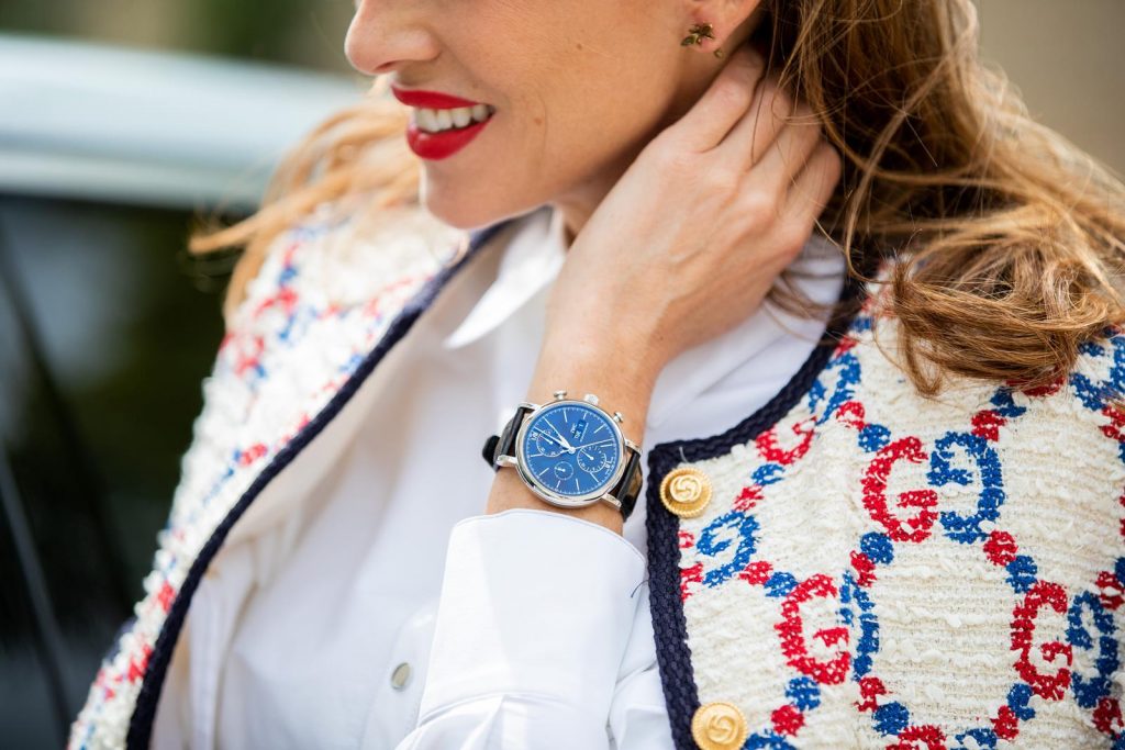 IWC, IWC Schaffhausen, Chronograph, watch, portofino, swiss made, mercedes, mercedes benz, eqc Alexandra Lapp in a Women and Technology look, is seen wearing a IWC Portofino Chronograph in front of a Mercedes EQC during MBFW Berlin.