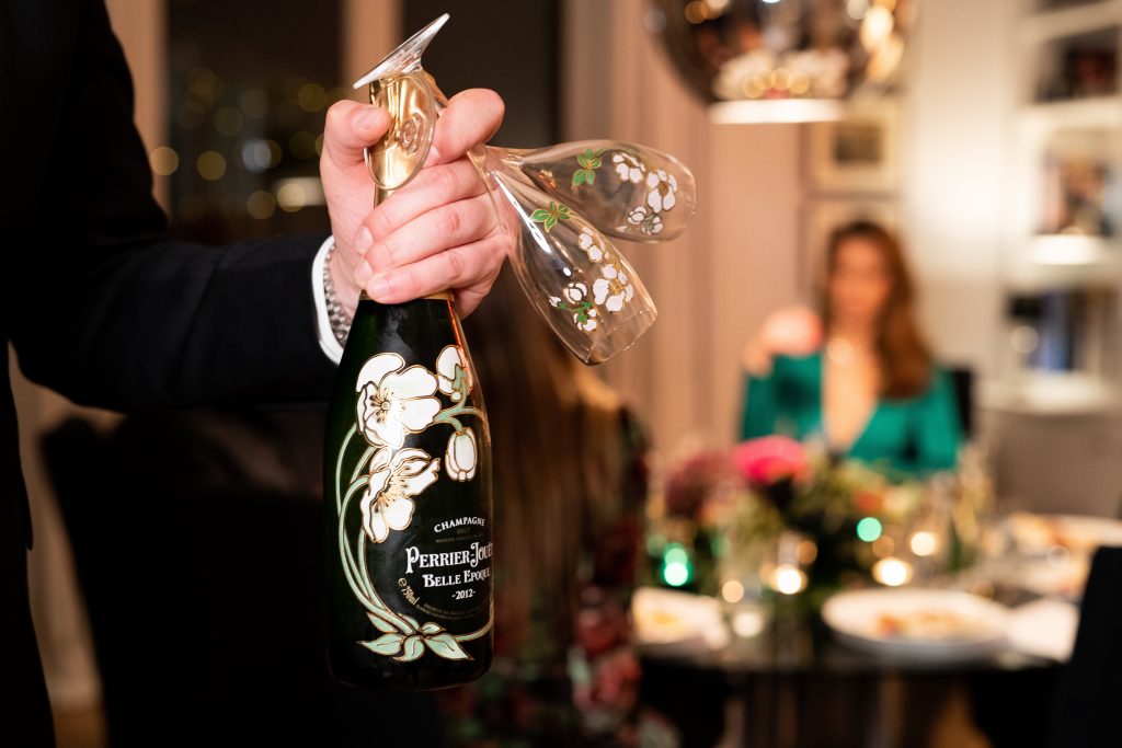 Dinner with friends, Aki Kaviar, Kaviar, Perrier-Jouët, Champagne, Blanc de Blancs, Belle Époque Alexandra Lapp having a private dinner with friends, Perrier-Jouët and Aki Kaviar at her home.