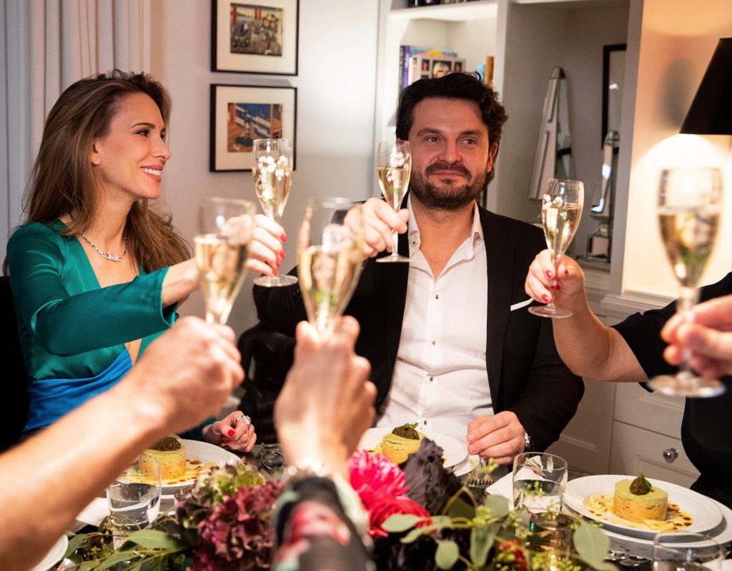 Dinner with friends, Aki Kaviar, Kaviar, Perrier-Jouët, Champagne, Blanc de Blancs, Belle Époque Alexandra Lapp having a private dinner with friends, Perrier-Jouët and Aki Kaviar at her home.