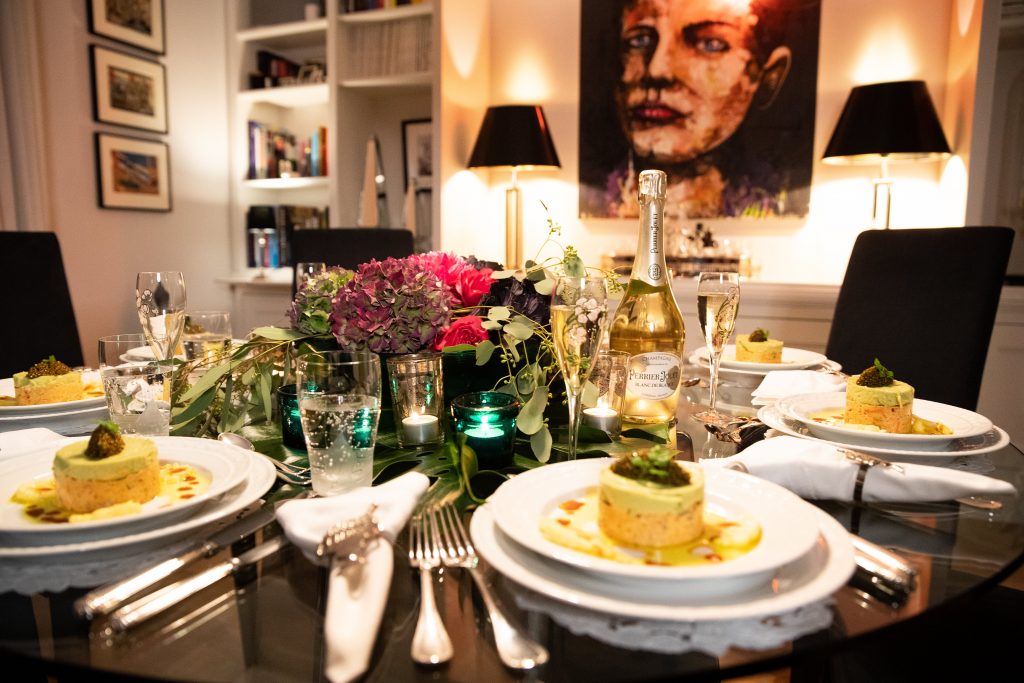 Dinner with friends, Aki Kaviar, Kaviar, Perrier-Jouët, Champagne, Blanc de Blancs, Belle Époque Alexandra Lapp having a private dinner with friends, Perrier-Jouët and Aki Kaviar at her home.