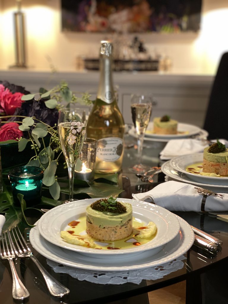 Dinner with friends, Aki Kaviar, Kaviar, Perrier-Jouët, Champagne, Blanc de Blancs, Belle Époque Alexandra Lapp having a private dinner with friends, Perrier-Jouët and Aki Kaviar at her home.