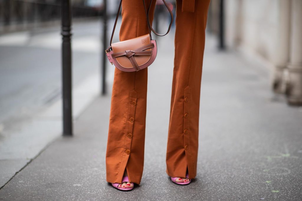 PARIS, FRANCE - FEBRUARY 25: Alexandra Lapp is seen wearing a suit style, Altuzarra suit, Rejina Pyo Net Sustain Candice ribbed jersey top, Loewe Gate mini shoulder bag in brown and Fendi sunglasses all from Net-A-Porter during Paris Fashion Week - Womenswear Fall/Winter 2020/2021 : Day Two on February 25, 2020 in Paris, France. 