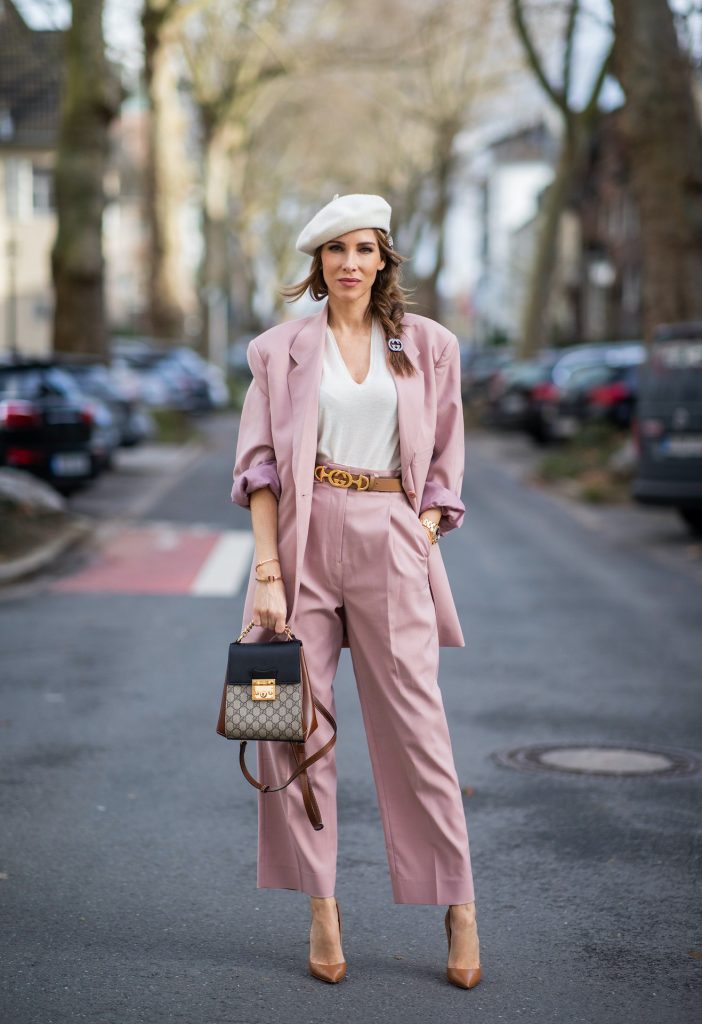 PASTEL SUITS, Alexandra Lapp, Pastel Suits, The Frankie Shop, Gucci, Christian Louboutin, Tiffany, Rolex alexandra_lapp_dus_6th_feb_21-18Alexandra Lapp is seen wearing pastel suits from FRANKIE SHOP Pernille single-breasted blazer and Pernille high-rise pants in pastel pink , vintage beret in off white, GUCCI logo belt in camel, GUCCI monogram backpack in black and brown, GUCCI hair clips and CHRISTIAN LOUBOUTIN Kate pumps in camel.