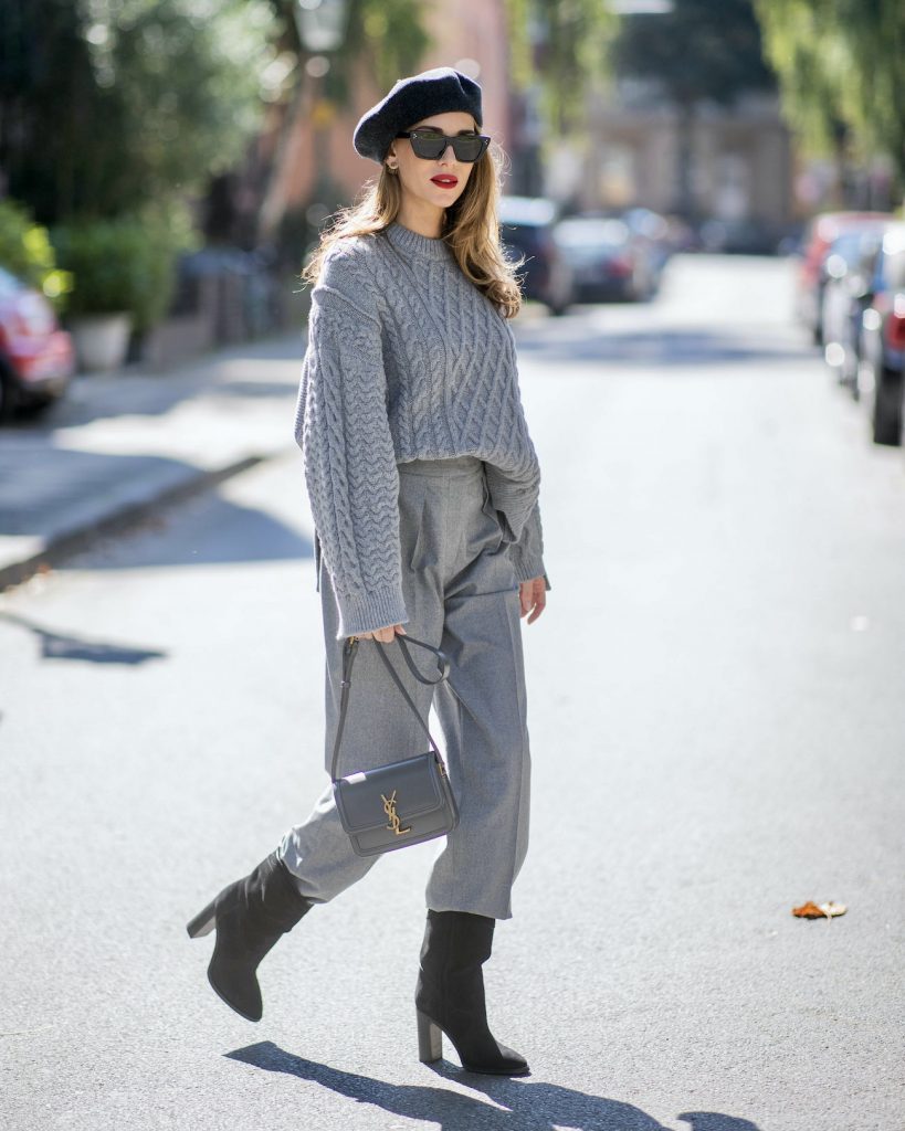 Alexandra Lapp, Shades of Grey, Autumn Favorites, Knitwear, Cashmere, Monochrome, Max Mara Studio, Stella McCartney, Saint Laurent Alexandra Lapp is seen wearing a grey Max Mara Cashmere Coat, Saint Laurent cross body bag, Stella McCartney cable knit jumper, Max Mara Studio high waisted trousers, Celine sunglasses and Saint Laurent cowboy boots.