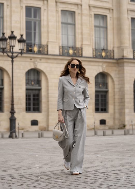 Alexandra Lapp is seen wearing her favorite blazer shapes during Paris Fashion Week.