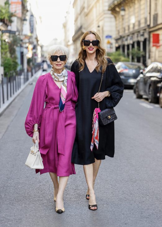 Alexandra Lapp is seen wearing Alexandra Lapp x Seidensticker capsule collection Black Linen Mix Dress, and Wild Aster Linen Mix Dress in Paris, Summer 2024.