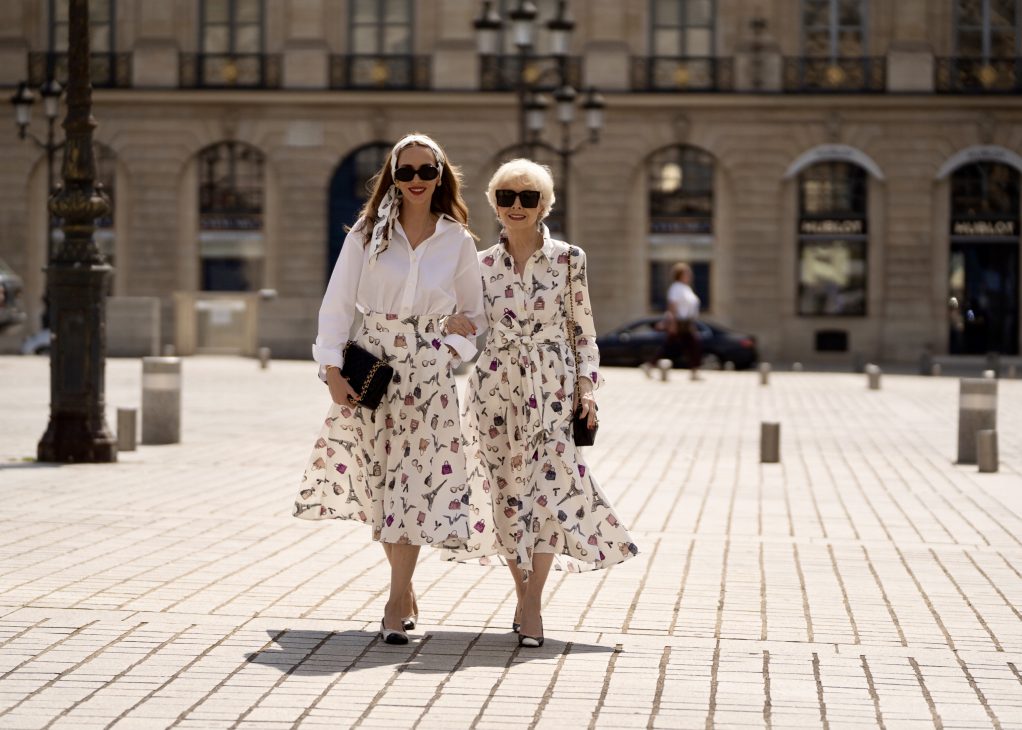 Alexandra Lapp is seen wearing Alexandra Lapp x Seidensticker capsule collection Printed Cotton Satin Dress, White Cotton Twill Shirt, Printed Cotton Satin Midi Skirt in Paris, Summer 2024.