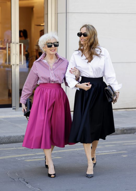 Alexandra Lapp is seen wearing Alexandra Lapp x Seidensticker capsule collection White Triacetat Blouse, and Black Taft Midi Skirt, Wild Aster Cotton Twill Shirt, Wild Aster Midi Skirt in Paris, Summer 2024.