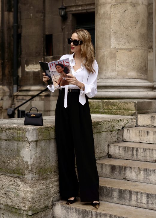 Alexandra Lapp is seen wearing the second drop with Seidensticker of her collection in Paris.