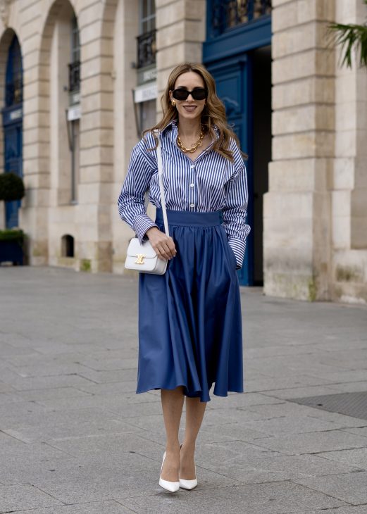 Alexandra Lapp is seen wearing the second drop with Seidensticker of her collection in Paris.